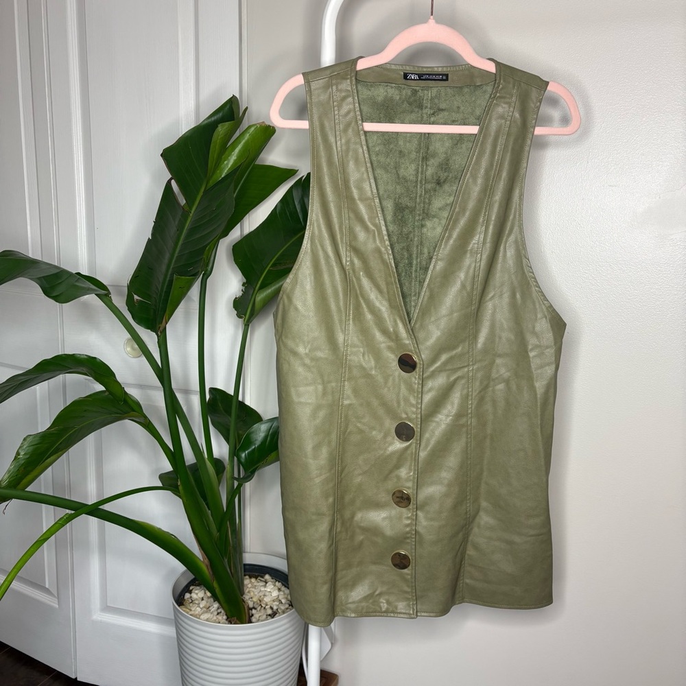 Zara Faux Leather Suede Olive Army Green Sleeveless Mini Dress with Gold Buttons - Picture 4 of 10